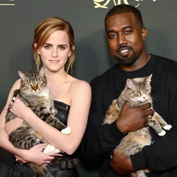 Emma Watson and Kanye west holding cats