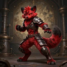 a dashing weasel bandit furry red - and - black fursona animal character { with tail }, leather armor, mid - action pose on a painted elaborate industrial background by peder balke, ue 5, dishonored, dark industrial fantasy, this fursona has [ a tail! ]