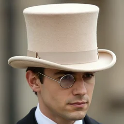 man in beige top hat with neat hair and silver monocle