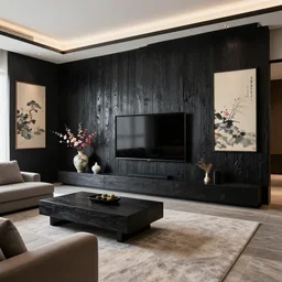 lounge room, stone, interior design, stylish luxury lounge room design, yakisugi, black vertical slatted timber, large tv, textures, feminine, black walls, art, japanese pottery vase with flowers, ikebana, kakejiku, japanese and scandinavian influences