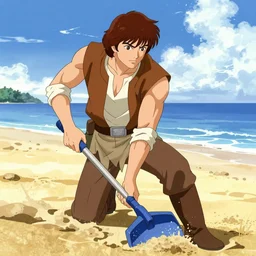 Anakin Skywalker vacumming the beach to remove sand, Anime art style