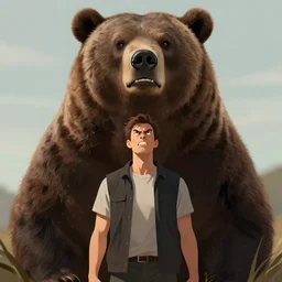 angry man standing up against bear, digital art, detailed