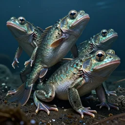 humanoid fish - frog entities ; their scaled, sometime rugose, skin is a grayish - green to blue. shiny and slippery, with fine - like ridges on their backs, and webbed feets and hands. their heads vary in disposition, appearing fish - or frog - like, with prodigious bulging eyes and wide, thin - lipped mouths possessing shark - like teeth. on their necks may be present palpitating gills.