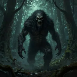 A scary wendigo creature in a dark forest, eerie, scary, horror, digital art, artstation, WLOP, Mandy Jurgens