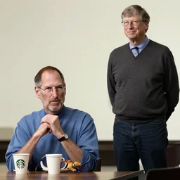 steve jobs having starbucks coffee while bill gates standing politely beside his table with his hands behind his back.