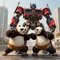 KungFu Pandas fight with Decepticon Transformers in Shanghai, 4k, cinematic