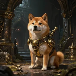 a brass and steampunk mechanical shiba inu sitting in a dwarven dungeon, skyrim pc screenshot