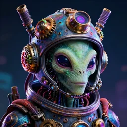 movie poster of a realistic alien head with a steampunk space helmet with multicolored glowing gears and tubes and cables, crisp, trippy, fluorescent colors, insanely detailed, 3 d render, front shot, 3 5 mm