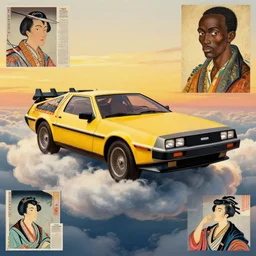 a yellow delorean in clouds above, golden hour, african, colourful art by salvador dali, hsiao - ron cheng & utagawa kunisada, magazine collage,