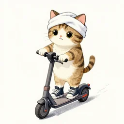 cute and funny, a cat standing on its back legs, wearing high top sneakers and towel turban, riding an e - scooter, ratfink style by ed roth, centered award winning watercolor pen illustration, isometric illustration by chihiro iwasaki, edited by range murata, tiny details by artgerm