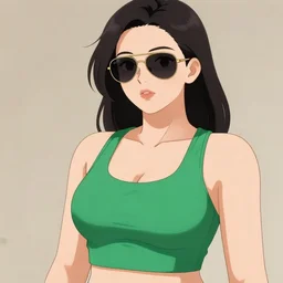 an anime art of beautiful curvy girl with an athletic feminine body in a green tank top and aviator classic sunglasses holding an assault rifle on a white background by krenz cushart, ponytail, side shot, concept art, oc commission, tanned body, illustration