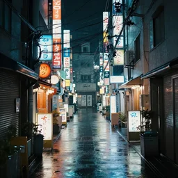 rain - soaked alley with messy overhead cables in tokyo at night, lots of neon signs