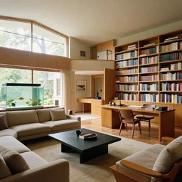 a interior design of a home by frank lloyd wright, large living room, bookshelves, fish tank, desk, craig mullins