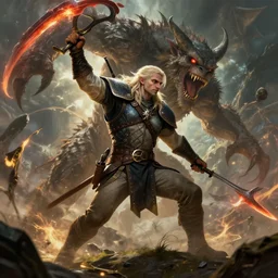Geralt slaying monster, 4k, artstation, cgsociety, award-winning, masterpiece, stunning, beautiful, glorious, powerful, fantasy art
