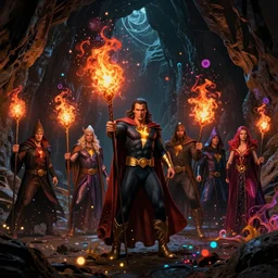 Six wizards standing in dark cave and shoot fireballs from their magic staffs at DC comic character Black Adam, dark ancient atmosphere, full of glowing particles floating randomly from ground, dramatic lighting, fluid colorful particles rising from ground, digital art with fine details, by Martin Johnson Heade