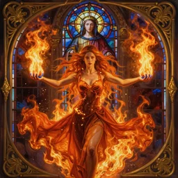 ultra realist breathtaking detailed soft painting of a beautiful lonely fire dancer girl, long fire hair and flying dress of fireflies, symmetrical facial features, christian saint in the middle of a stained glass of flames, intricate golden art nouveau frame, by Tom Bagshaw, wlop, trending on artstation