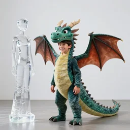 the assemblage features a young boy disguised as a dragon. the boy is shown wearing a costume with dragon - like features, including a long tail, wings, and horns. he has a large grin on his face, suggesting that he is enjoying his disguise. pixar's'up ', crystal figure by akihiko yoshida, by chesley bonestell peaceful