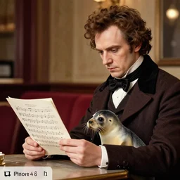 professional fine detailed photo portrait of an actor playing franz schubert sitting at the cafe with a seal pup and reading musical sheet, franz schubert look alike with a seal pup, seal pup, rich colors, professional iphone photo, iphone 4 k photo, instagram, realistic photo, detailed photo, very beautiful photo