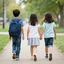 two kids follow her