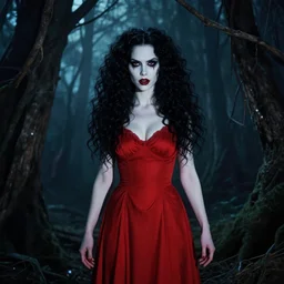 in the style of artgerm, full body, pretty alyson hannigan, evil dead demon, evil dead movie, red dress symmetrical eyes, symmetrical face, long curly black hair, trees, forest, branches, cinematic lighting, evil dead creature, scary