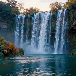 landscape photography, alien sifi cosmic waterfalls, high waterfalls and, colorful plants, beautiful lake on the bottom with light reflections, cold lighting, morning hour, beautiful, kodachrome, 4 k, hd