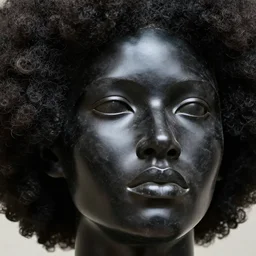 close up of face of black marble sculpture, afro hair, official versace editorial, highly detailed