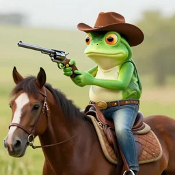 a cowboy frog in a hat is sitting on a horse holding a revolver in his hands