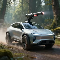 futuristic suv designed by apple with a guns driving through forest art by greg rutkowski and paul ozzimo, epic fantasy sci - fi volumetric light clear focus detailed unreal engine digital art trending on artstation deviantart octane render,