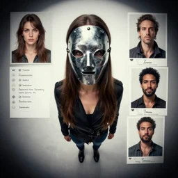 woman with iron mask, character sheet, Greg Rutkowski, Zabrocki, Karlkka, Jayison Devadas, trending on Artstation, 8K, ultra wide angle, zenith view, pincushion lens effect