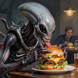 alien xenomorph eating a cheeseburger, painted by norman rockwell, greg rutkowski, john howe, wlop, artgerm
