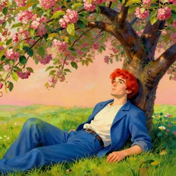 A psychedelic portrait of man relaxing under apple tree, vibrant color scheme, highly detailed, in the style of romanticism, cinematic, artstation, Moebius, Greg rutkowski