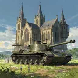 concept art of a huge church mounted on a tank aka churchtank in an open field, key visual, ambient lighting, highly detailed, digital painting, artstation, concept art, sharp focus, by makoto shinkai and akihiko yoshida and greg manchess