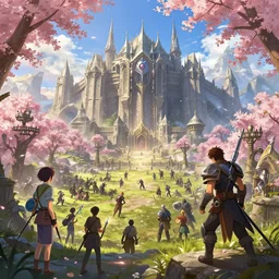 Rendering of the Siege of Orgrimmar (World of Warcraft) with cherry blossoms, by Makoto Shinkai and thomas kinkade, fantasy matte painting, trending on cgsociety and unreal engine, light effect, highly detailed, super wide angle
