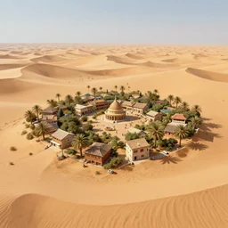 isolated community living in an oasis in the middle of a large sand desert, digital painting, artstation, matte painting, highly detailed, art by artgerm and greg rutkowski and alphonse mucha, wlop, behance contest winner