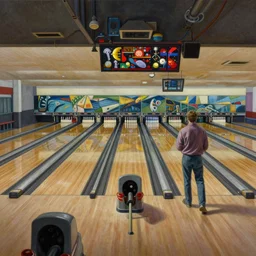 an airbrush painting of an elaborate hidden object scene in a run - down bowling alley by destiny womack, gregoire boonzaier, harrison fisher, richard dadd