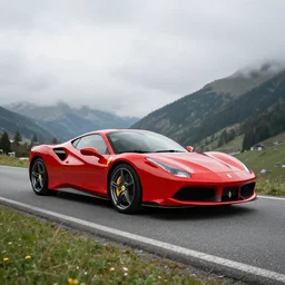 a ferrari on a cloudy day in the swiss alps