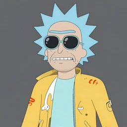 hyper detailed comic illustration of a cyberpunk Rick and Morty  wearing a futuristic sunglasses and a gorpcore jacket, markings on his face, by Josan Gonzalez and Geof Darrow, intricate details, vibrant, solid background, low angle fish eye lens