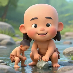 a full - body portrait of little asian cuties caveman, oversized head, smile expression, make stone tool at the river bank, holding stone tool and pebble, oversized cute puppy sits behind them, a colorized photo, colorized, # film, movie still