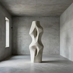 abstract concrete room with abstract form sculpture in center