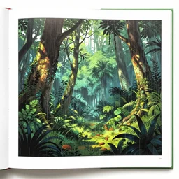 Beautiful tropical forest, raining, Monster Hunter Illustrations art book, Moebius, Greg Rutkowski, Zabrocki, Karlkka, Jayison Devadas, Phuoc Quan, trending on Artstation, 8K, ultra wide angle, zenith view, pincushion lens effect.