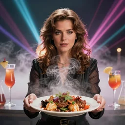 kelly lebrock holding a plate of steaming gourmet food, bubbling cocktails, beakers, in the style of 8 0 s movie poster artwork, medium closeup, fog, lasers