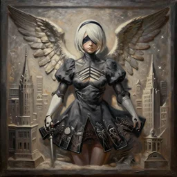 hybrid nierautomata painting, ambient lighting, angel relief, fine art, infinitely detailed architectures