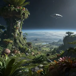 A hyper realistic, cinematic, establishing shot of an uncharted planet, with never before seen plant and wildlife , futuristic, far away galaxy , fleeting starship in the distance