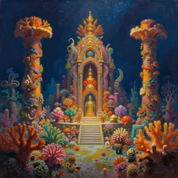 a macro view of an underwater enchanting multicolored coral shrine surrounded by an exotic tropical reef, underneath a star filled night sky, warm coloured, gigantic pillars and flowers, maschinen krieger, beeple, film, atmospheric perspective, abzu, oil on canvas