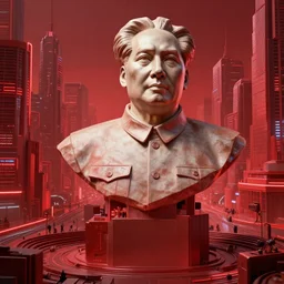 a hyper realistic digital art of mao zedong's sculpture in cyberfunkcity by lodovico di leonardo buonarroti di simoni, highly detailed, hyperrealism, digital art, artstation, concept art, detailed and intricate environment, an expansive view of, red color scheme
