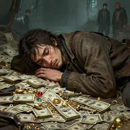 character concept art of a hobo sleeping on a pile of dollar bills gold jewels gemstones, key visual, realistic shaded perfect face, fine details, dystopian environment and background, by stanley artgerm lau, wlop, rossdraws, james jean, andrei riabovitchev, marc simonetti, and sakimichan, trending on artstation in disco elysium