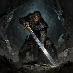 epic sword discovery by anato finnstark by peder balke by chip zdarsky, rocks and stone dark mystic. artstation brushed illustrated print epic - agony desperate expression kvlt nordic noir cave dark 1 6 : 9 format videogame title