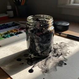 painting of jar of swirling ink on a desk, dramatic afternoon lighting, intense watercolor, heavy metal, by peter max