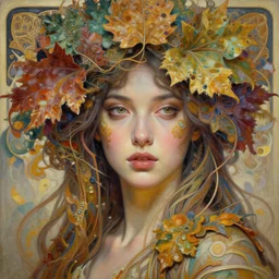 a beautiful woman portrait in intricate detailed color oilpaint, 3 d render, hyper realistic detailed portrait, big flocking color leaves, thin fractal tendrils, ornate leaves, elegant, intense colors, ruan jia, wlop. scifi, fantasy, hyper detailed, octane render, concept art, by peter mohrbacher, by alphonse mucha, by wlop, by ruan