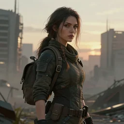 portrait of a survivalist woman in a post apocalyptic city at dawn, beautiful intricate digital concept art trending on artstation, soft light